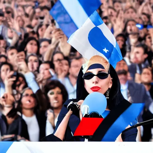 Image similar to Lady Gaga as president, Argentina presidential rally, Argentine flags behind, bokeh, giving a speech, detailed face, Argentina