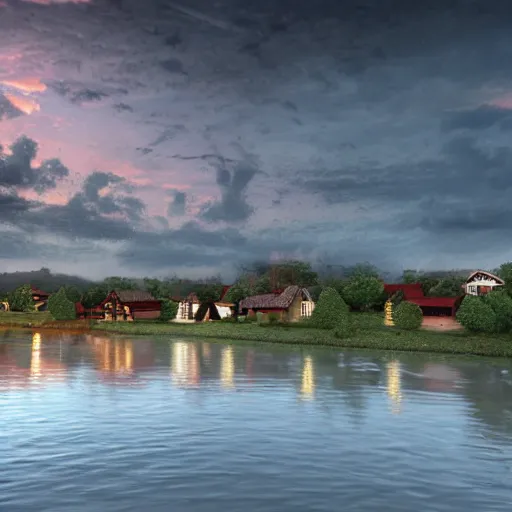 Prompt: realistic photo of village by the river, sunset, detailed, trending on artstation