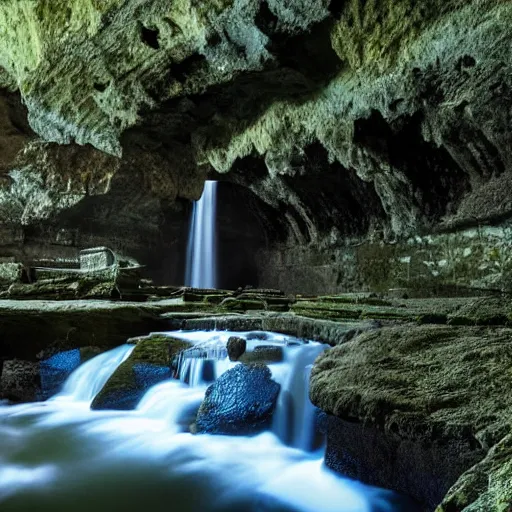 Prompt: ancient ruins and waterfalls in the interior of a cave