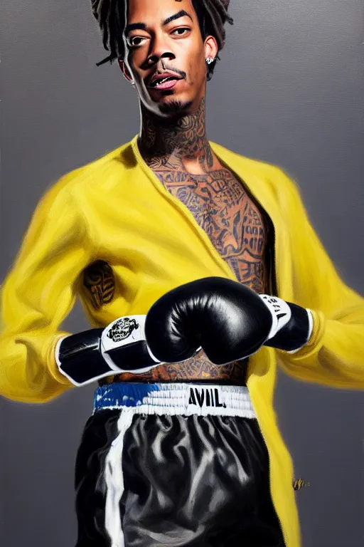 Image similar to full body portrait of wiz khalifa as muhammad ali, oil on canvas by william sidney mount, black, black, yellow, yellow, trending on artstation