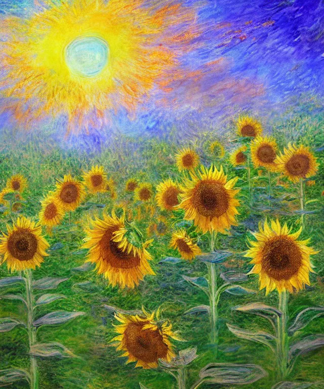 Image similar to sunflower garden, water painting, monet, heavenly, sun rays, intricate, colorful, highly detailed, digital painting, soft tones