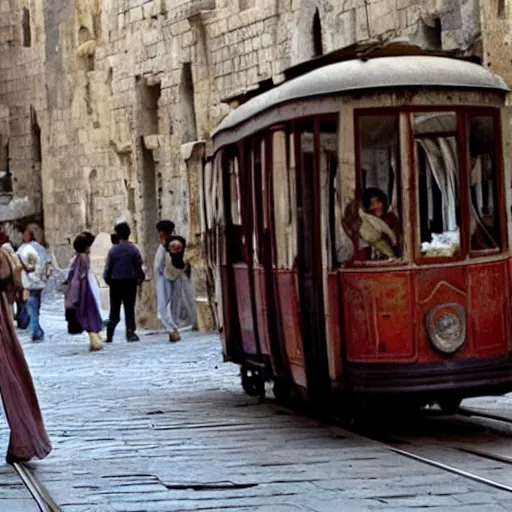 Image similar to scene from a 2 0 1 0 film set in ancient constantinople showing a woman catching a tram