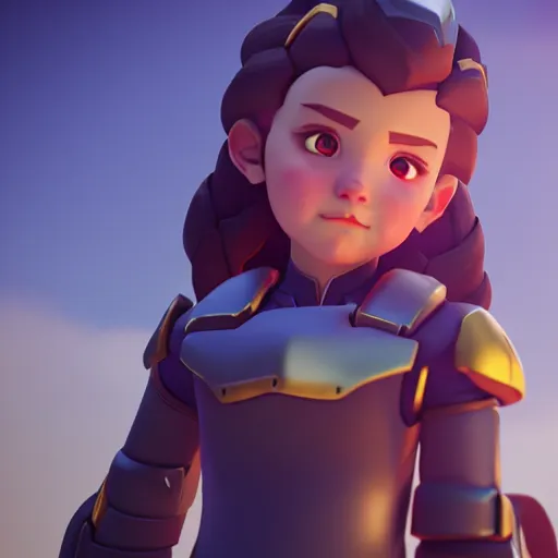 Image similar to a young girl with the appearance of reinhardt from overwatch, design, octane render, 4 k, ingame shot