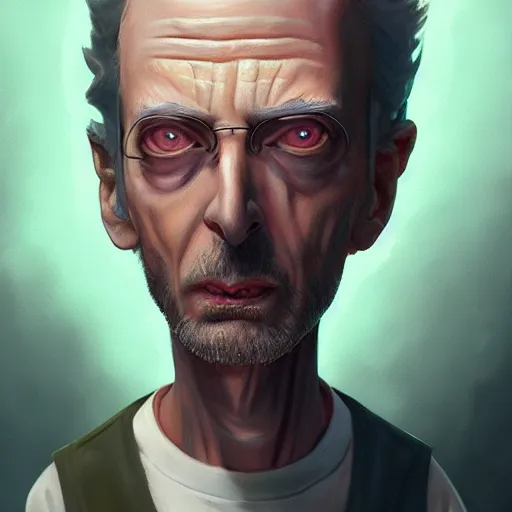 Prompt: A highly detailed full body portrait painting of Rick from Rick and Morty, Greg Rutkowski, trending on artstation