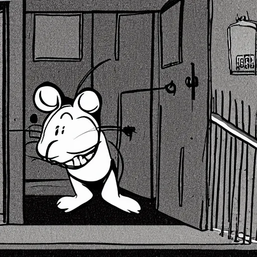 Image similar to angry mouse breaking into a house, cartoon style