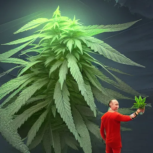 Prompt: Vladimir Putin holding a giant marijuana plant, trance festival background, amazing digital art, highly detailed, trending on artstation