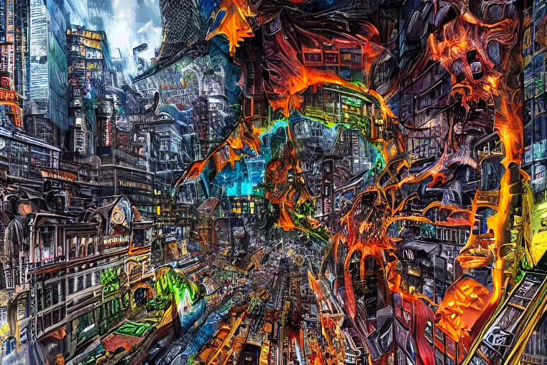 Prompt: destructive monster in the city, photorealistic, highly detailed, sharp focus, vivid, colorful, symmetrical, random, convoluted, mind - blowing, creative, fully functional, end of the world, physics defying, amazing, cool