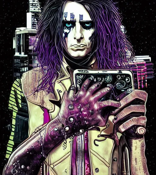 Image similar to a cyberpunk Alice Cooper detailed illustration, character portrait, by Martin Grip and Moebius