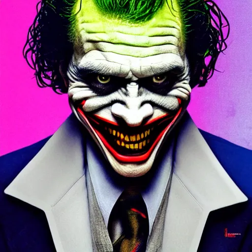 Image similar to willem dafoe as the joker, movie poster, superrealism, quality, post - production, image depth, focus, fine details, skin pores, makeup, 8 k