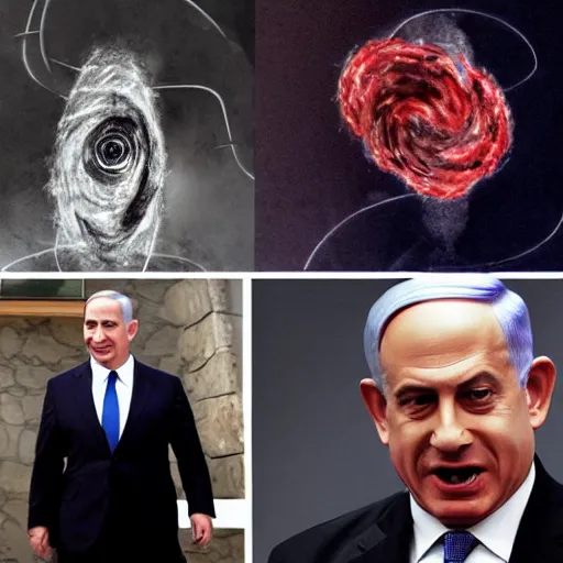 Image similar to benjamin netanyahu swirling into madness, by michael cheva and salvador dali and wayne barlower