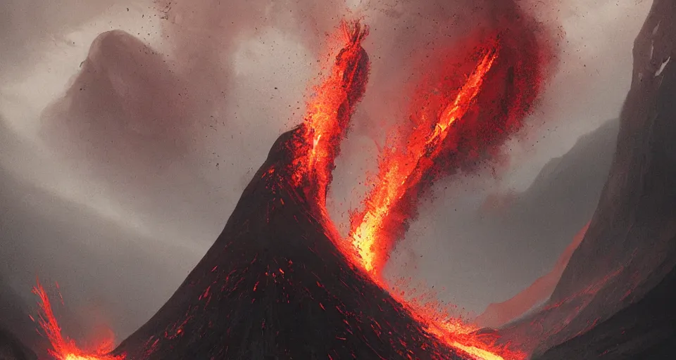 Image similar to a volcano made of ivory vines and crimson rocks enters in eruption, it spits a smoke in the shape of demonic eye, by Greg Rutkowski
