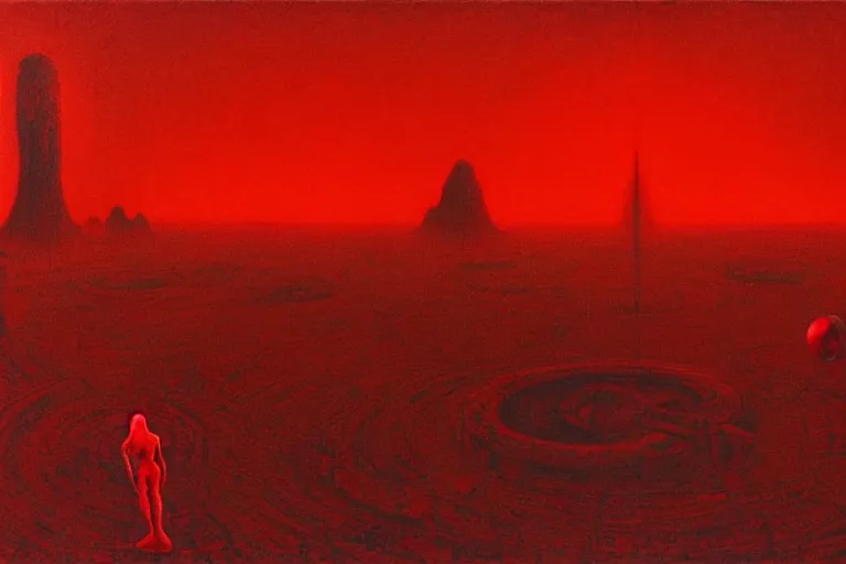 Image similar to only with red, a red god of death eat apple, a futuristic city on mars in background, floor are worms, in the style of beksinski, part by hopper, part by rodcenko, part by hofbauer, intricate composition, red by caravaggio, insanely quality, highly detailed, masterpiece, red light, artstation