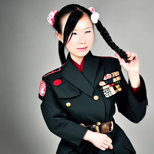 Image similar to Chinese woman, double pigtails, eyepatch, military uniform