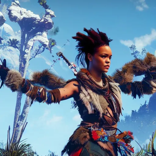 Image similar to rihanna in horizon zero dawn ( 2 0 1 7 ), 8 k wide shot