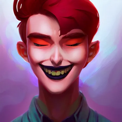 Prompt: a portrait of the happy mask salesman, grinning, red hair, art by lois van baarle and loish and ross tran and rossdraws and sam yang and samdoesarts and wlop, digital art, highly detailed, intricate, sharp focus, trending on artstation hq