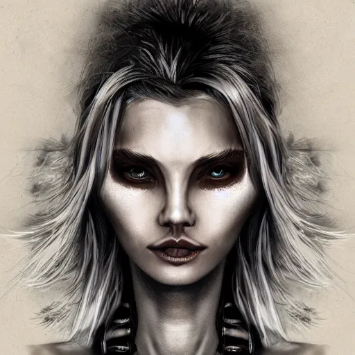Prompt: Hot young woman, grey skinned, void eyeballs, white hair, tattoos, wearing leather jacket and wifebeater tank top, digital art, concept art, 4k,