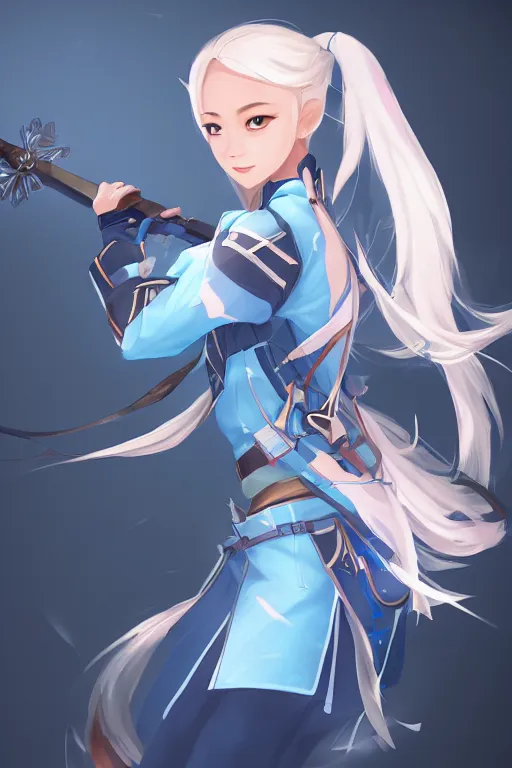 Image similar to a south korean female from paladins, white ponytail hair, she is holding a kunai, wearing light blue jacket, highly detailed digital art, character design, masterpiece