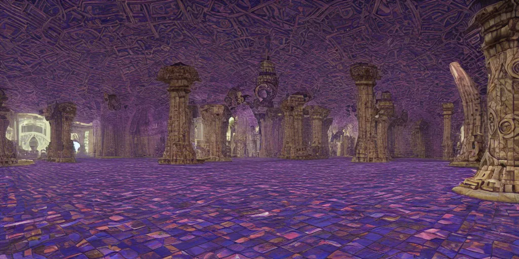 Prompt: a huge underground cavern with vast pillars, a tiled art nouveau floor, with a pedestal in the centre containing a massive faceted purple jewel surrounded by tendrils of magic shadow floating above, by james gurney, john howe, octane render