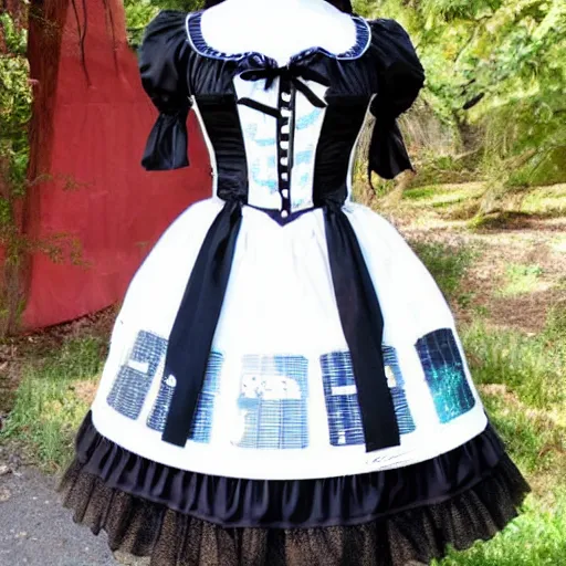 Image similar to A themed lolita dress ; the fabric has pictures of solar panels and windmills on it. A beautiful lolita dress, Angelic Pretty