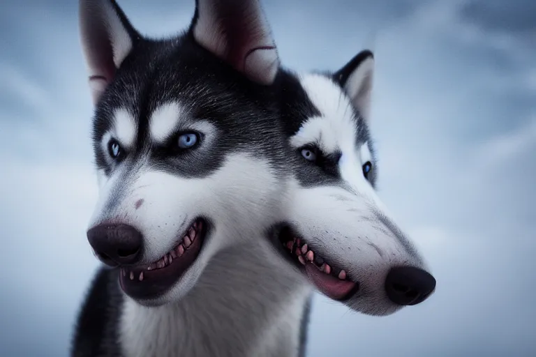 Prompt: a scenic photograph of a very scary! husky looking away from the camera. bloodshot red eyes. the whole husky is visible in frame. anatomically correct husky. polar setting, wasteland background, ominous sky. octane render, extreme detail, super symmetrical photograph, 8 k