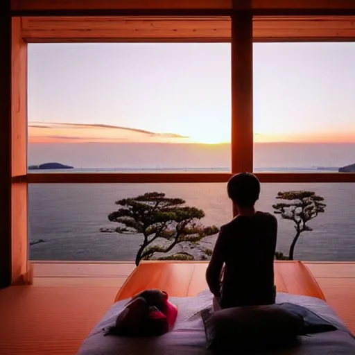 Image similar to a cozy room in Japan with the sunset through the windows and a couple watching the sunset together