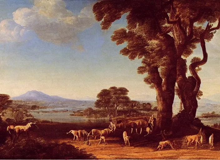 Image similar to highly detailed landscape of the african velt, animals, beautiful, bright atmosphere : claude lorrain