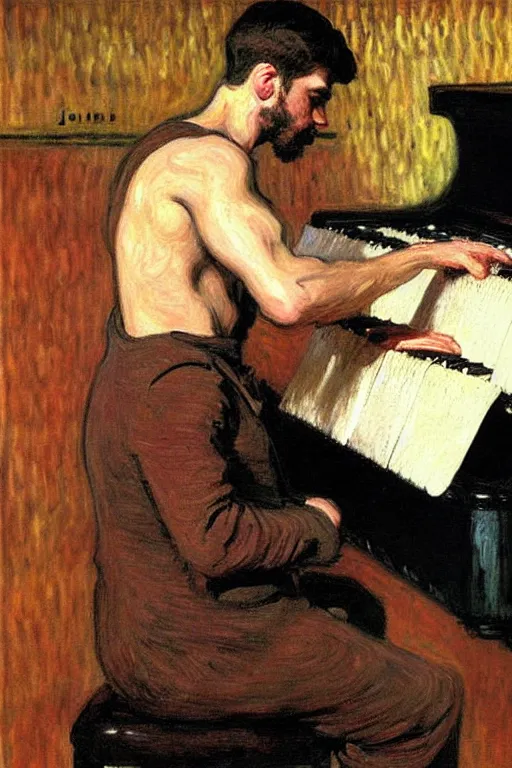 Image similar to attractive man playing piano, painting by tom of finland, john william waterhouse, claude monet