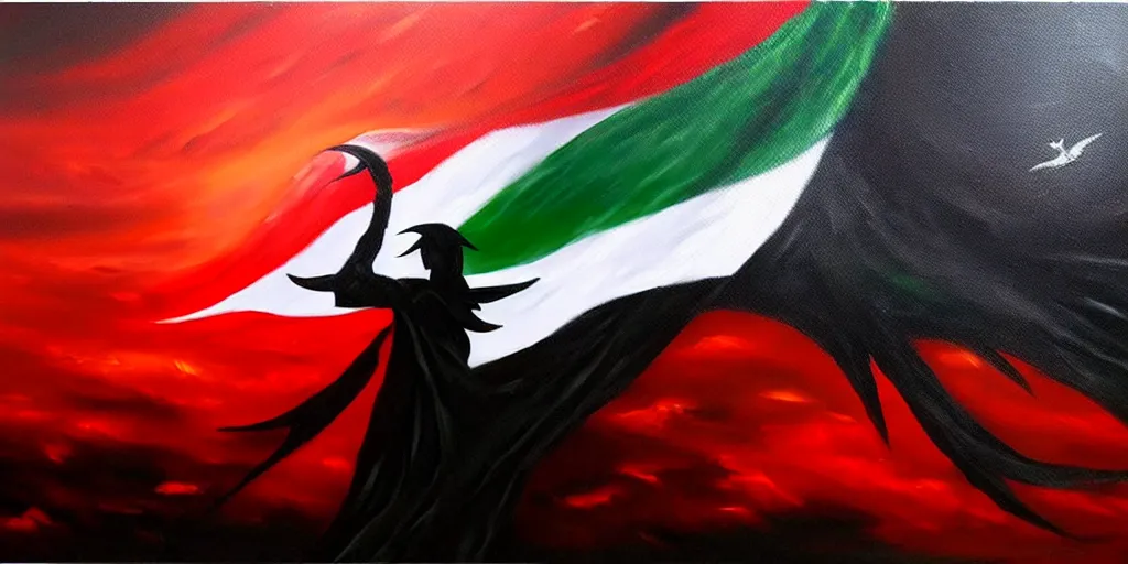 Image similar to dramatic epic dark oil painting of freedom for palestine, red green white black