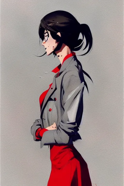 Image similar to a ultradetailed painting of a stylish woman wearing a grey jacket with red skirt, by conrad roset, greg rutkowski and makoto shinkai trending on artstation