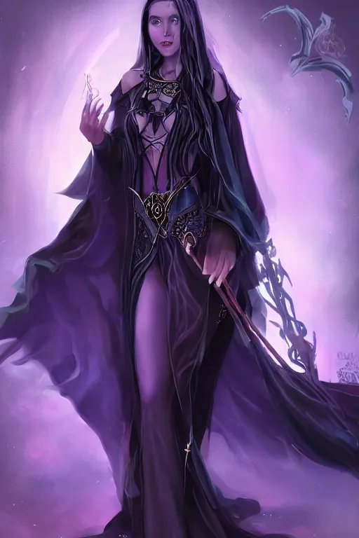 Prompt: Pretty Sorceress, wearing Black and purple robes, Dark blue hair, magic wooden staff, fully covered, Dark fantasy, romantic lead, trending by artstation, artstationhd, artstationhq, matte painting