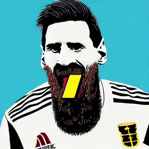 Image similar to lionel messi with a majestic beard eating a kfc zinger by yaacov agam