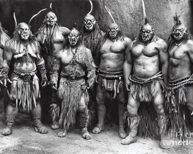 Image similar to group vintage photograph of a real fantasy warrior orc tribe, tall, muscular, armored, tribal paint, highly detailed