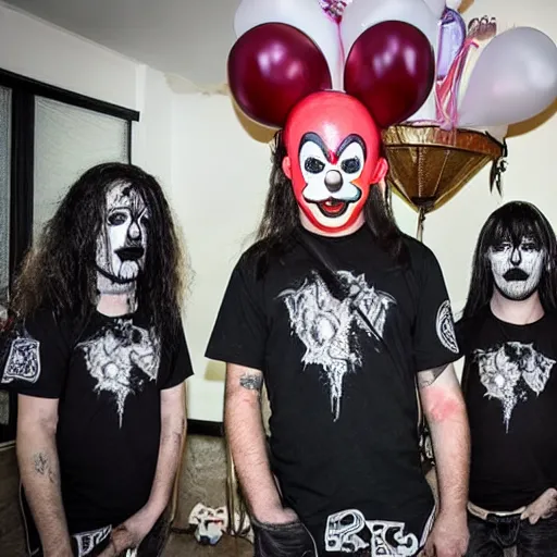 Image similar to black metal band at a children's birthday party, balloons, clown, cakes, fun, kids