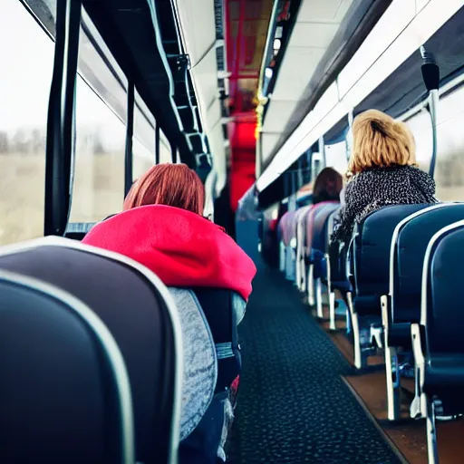 Image similar to a young woman, at her seat on a greyhound bus to find out where her love has been