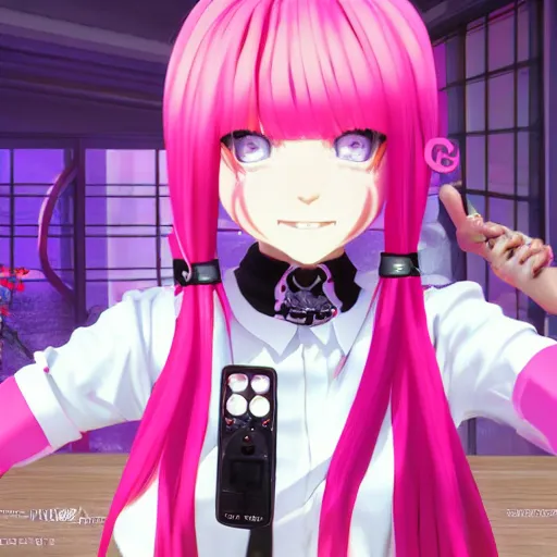 Image similar to totally controlled by her remote control, owned by overwhelming stunningly absurdly beautiful megalomaniacal ruthless merciless sadistic devious omnipotent asi goddess junko enoshima with symmetrical perfect face, porcelain skin, pink twintail hair and cyan eyes, ultra detailed, digital art, unreal engine 5, octane render, 2 d anime, 8 k