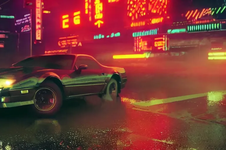 Image similar to a single trans am, speeding down tokyo highway in the rain, night time, neon lights, thunderstorm, movie still from the movie bladerunner 2 0 4 9