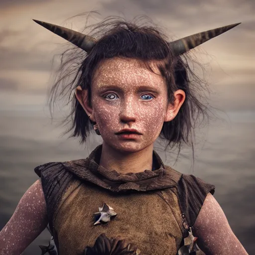 Prompt: a little blue-skinned girl with messy black hair sharp pointed ears freckles along the ridges of her cheeks, dnd triton, high resolution film still, 4k, HDR colors