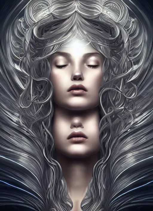 Image similar to a dreamy moody photographic portrait of a anthropomorphic bioluminescent silver wave, dramatic upward lighting, fantasy, intricate, elegant, highly detailed, digital painting, artstation, concept art, smooth, sharp focus, illustration, art by artgerm and h r giger and alphonse mucha