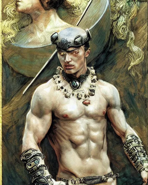 Image similar to a handsome male warrior by Boris Valejo and Laura Sava and Edgar Maxence