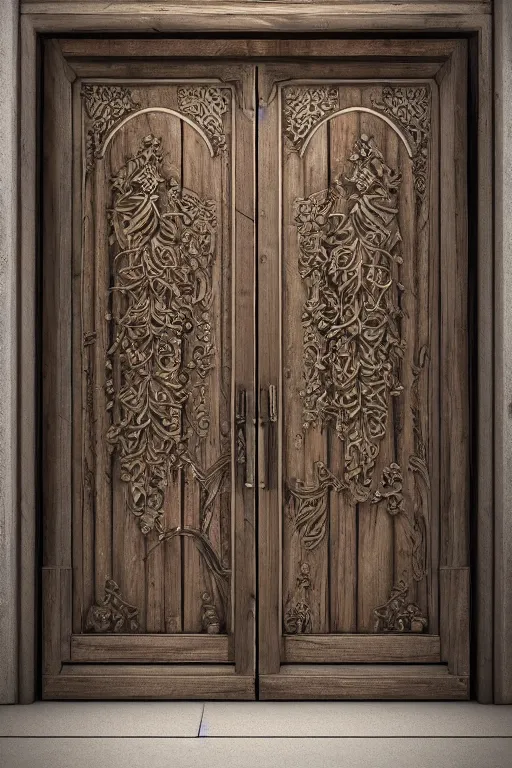 Prompt: a huge wooden door made by two slabs with live edge with rush plant ornaments in bright metalllic element, ornate, fantasy, photorealistic, octane render, volumetric light, high definition, ultra detailed, artstation, deviantart, cgsociety