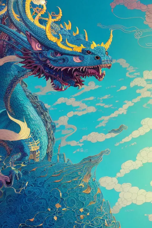 Image similar to a beautiful hyperdetailed design 4 k wallpaper illustration of a huge cyan dragon, victo ngai style, from china, style of studio ghibli, makoto shinkai, raphael lacoste, louis comfort tiffany, denoise, deblurring, artgerm, xision, james jean, ross tran, chinese style