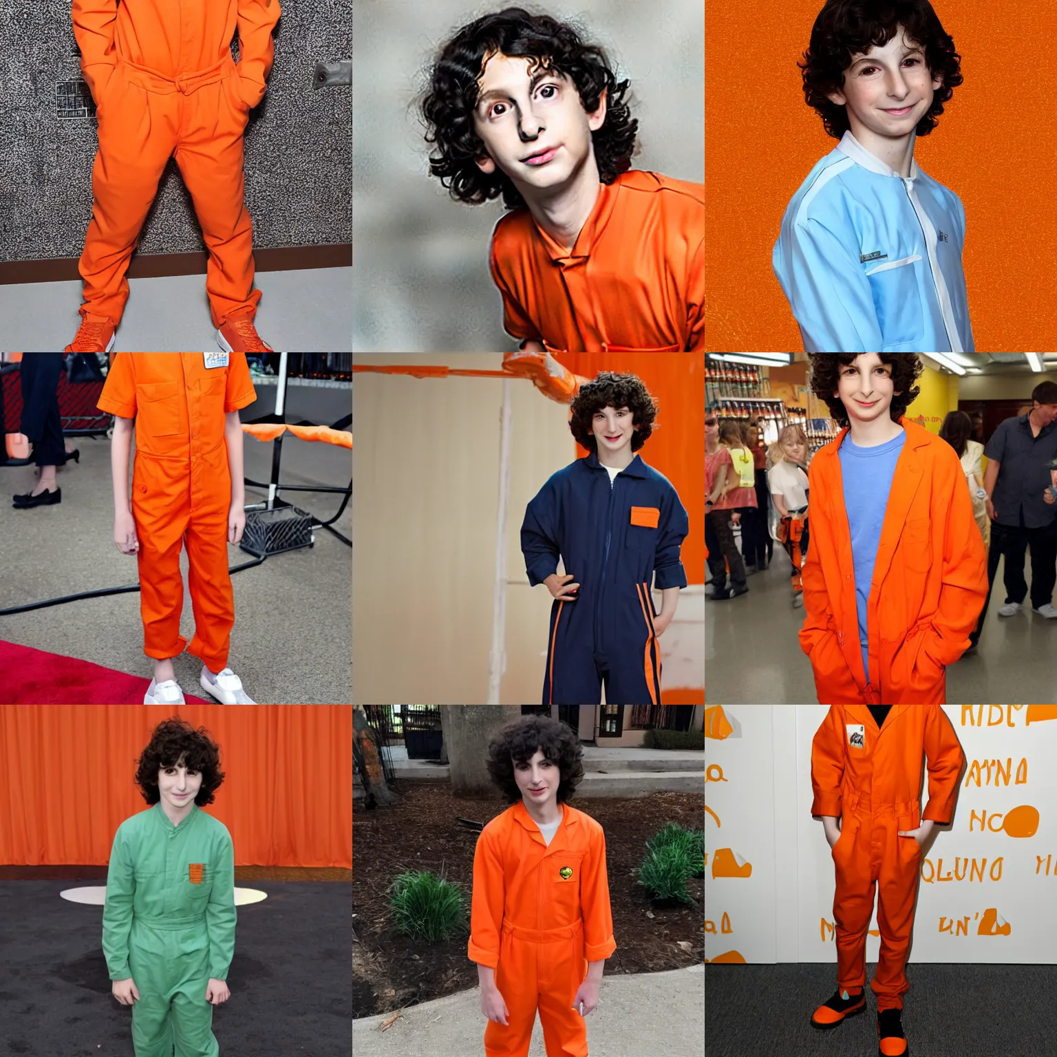 Prompt: finn wolfhard in an orange prison jumpsuit
