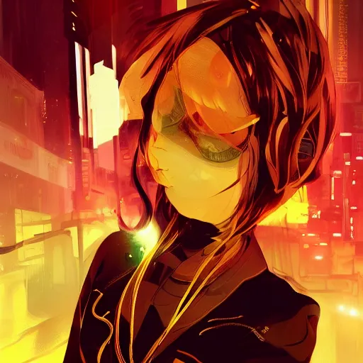 Image similar to Frequency indie album cover, luxury advertisement, golden filter, golden and black colors. A clean and detailed post-cyberpunk sci-fi close-up schoolgirl, she is very powerful, in asian city in style of cytus and deemo, mysterious vibes, by Tsutomu Nihei, by Ilya Kuvshinov, by Greg Tocchini, nier:automata, Yorda from Ico and Lain Iwakura, set in half-life 2, beautiful with eerie vibes, very inspirational, very stylish, with gradients, surrealistic, dystopia, postapocalyptic vibes, depth of field, mist, rich cinematic atmosphere, perfect digital art, mystical journey in strange world, beautiful dramatic dark moody tones and studio lighting, shadows, bastion game, arthouse