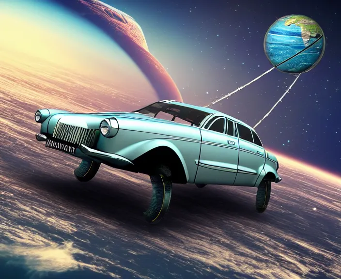 Prompt: russian car volga gaz - 3 1 0 2 fly in space in orbit of the planet earth, hyper detailed, hight detailed, futuristic, ultra realistic, cyberpunk, steampunk, no blur, 8 k