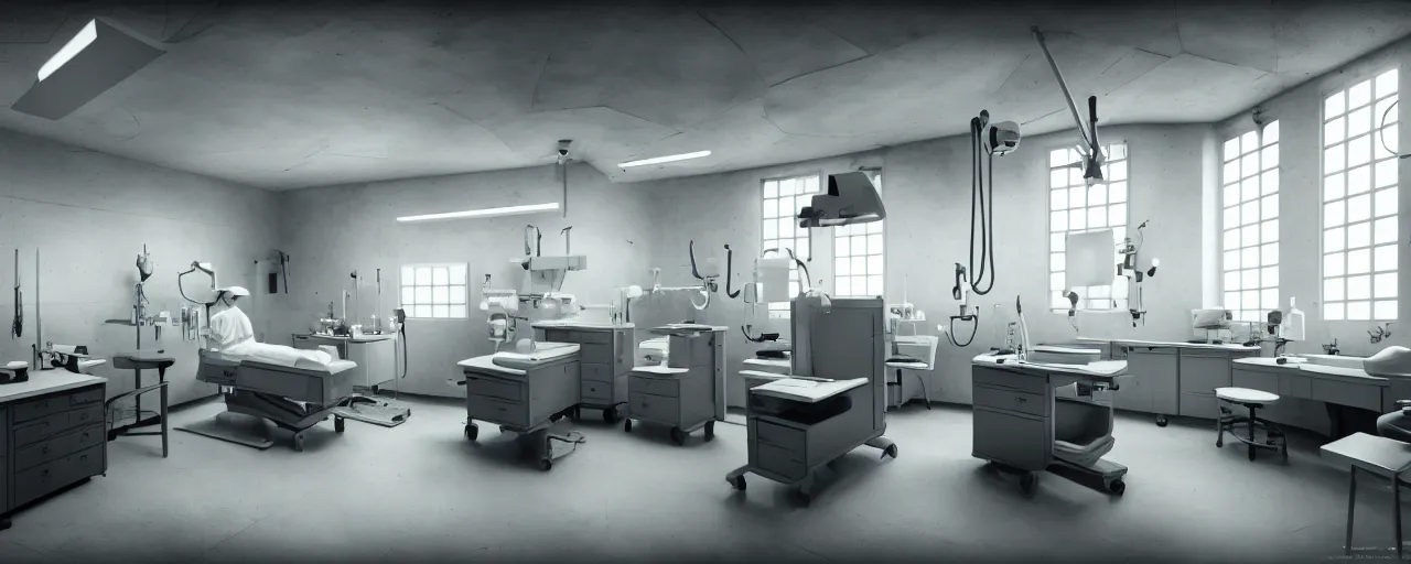 Image similar to interior design, vintage surgical center, 1400s era emergency room, one large operating table, surgical lights, scrub sinks, computer equipment, medical monitor displays, brutalist furniture, grey, dark mood, concept art, cinematic, epic wide shot, artstation, sharp focus, smooth, establishing shot, sense of awe