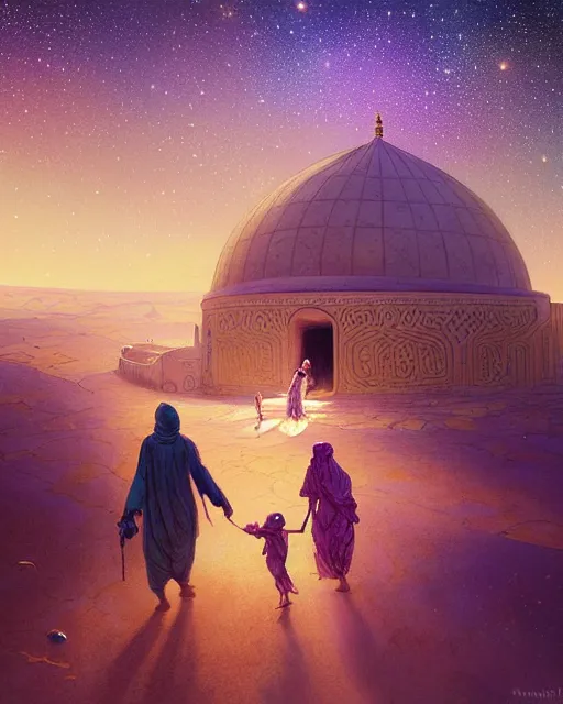 Image similar to bedouin man and woman and child in galaxy walking towards mosque surrounded by nebula, highly detailed, gold filigree, romantic storybook fantasy, soft cinematic lighting, award, disney concept art watercolor illustration by mandy jurgens and alphonse mucha and alena aenami, pastel color palette, featured on artstation