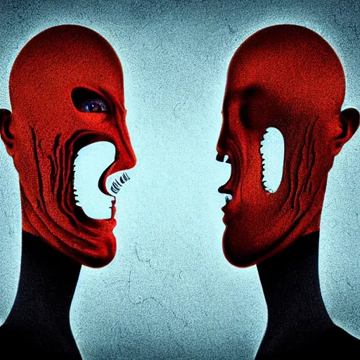 Image similar to split mind fighting itself, the inner critic, emotional highly detailed surrealist art, digital art