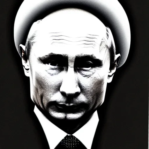 Image similar to vladimir putin with a ushanka that looks like a nuclear blast, mushroom cloud, cartoonish, ultra detailed pencil drawing