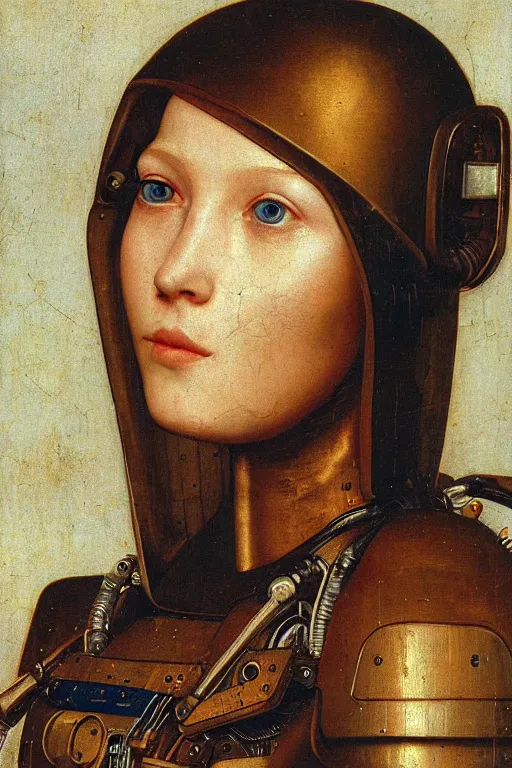 Image similar to a close - up portrait of a cyberpunk cyborg girl, by jan van eyck, rule of thirds