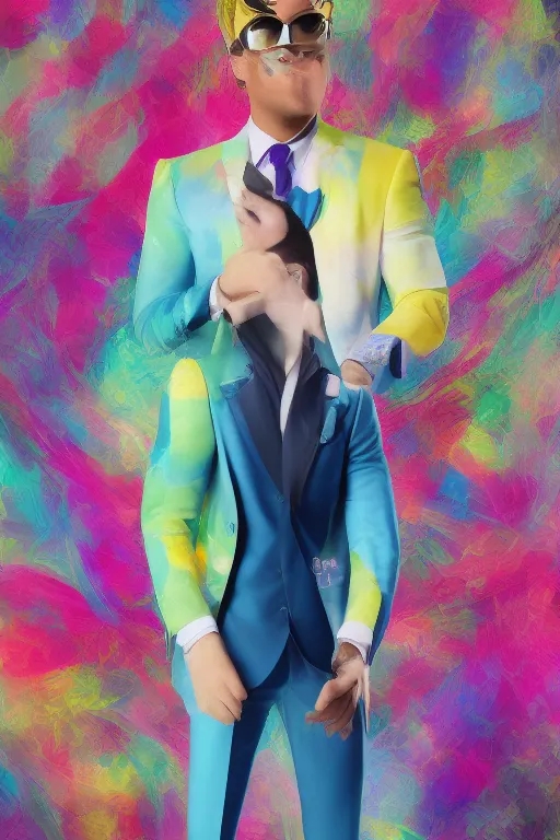 Image similar to hyper realistic male powersuit dapper look artwork of high - end haute couture bespoke fashion by ali sabet, lisa frank & sho murase